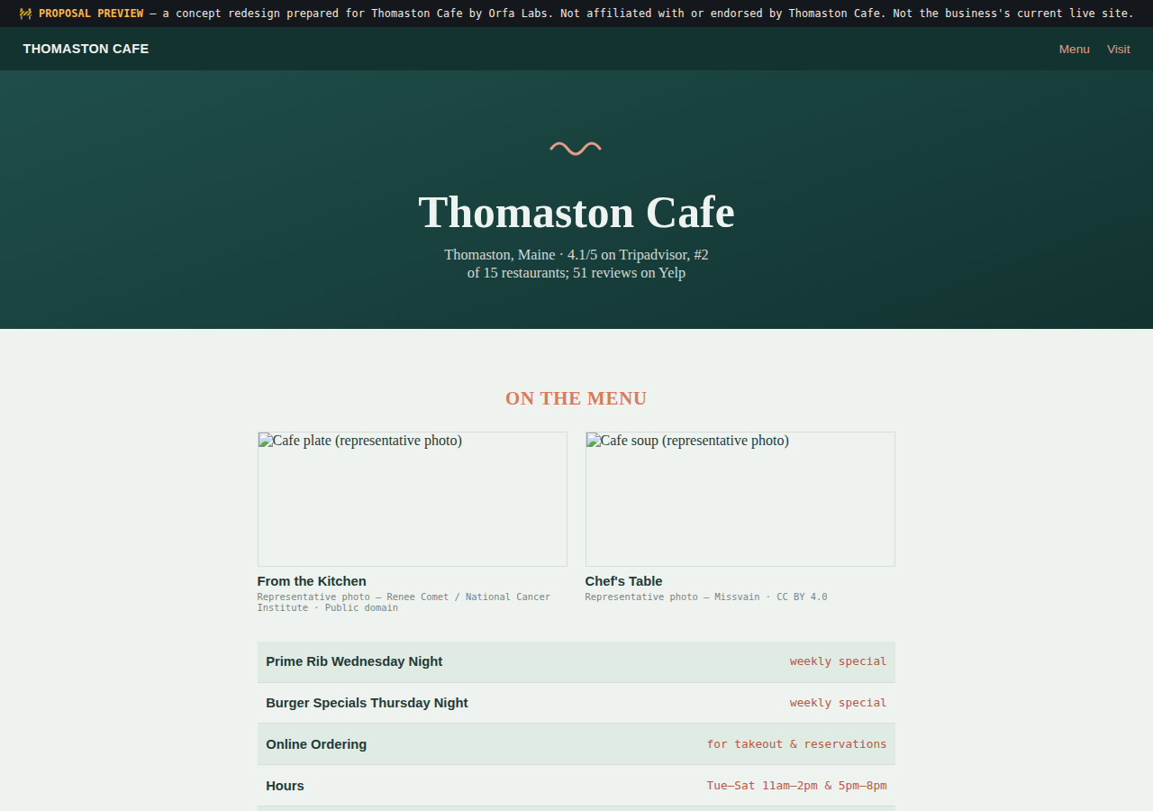 Thomaston Cafe Orfa Labs concept redesign screenshot