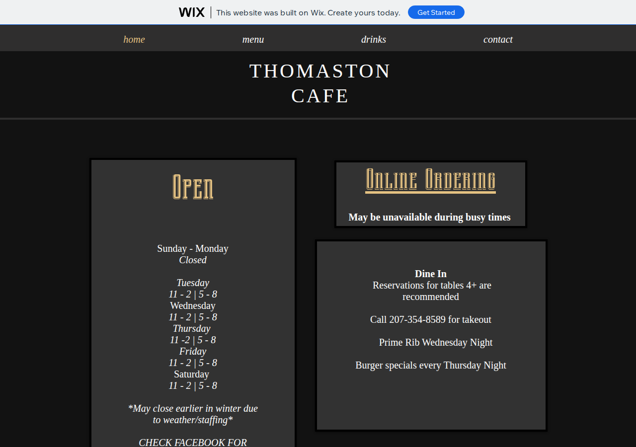 Thomaston Cafe current live website screenshot