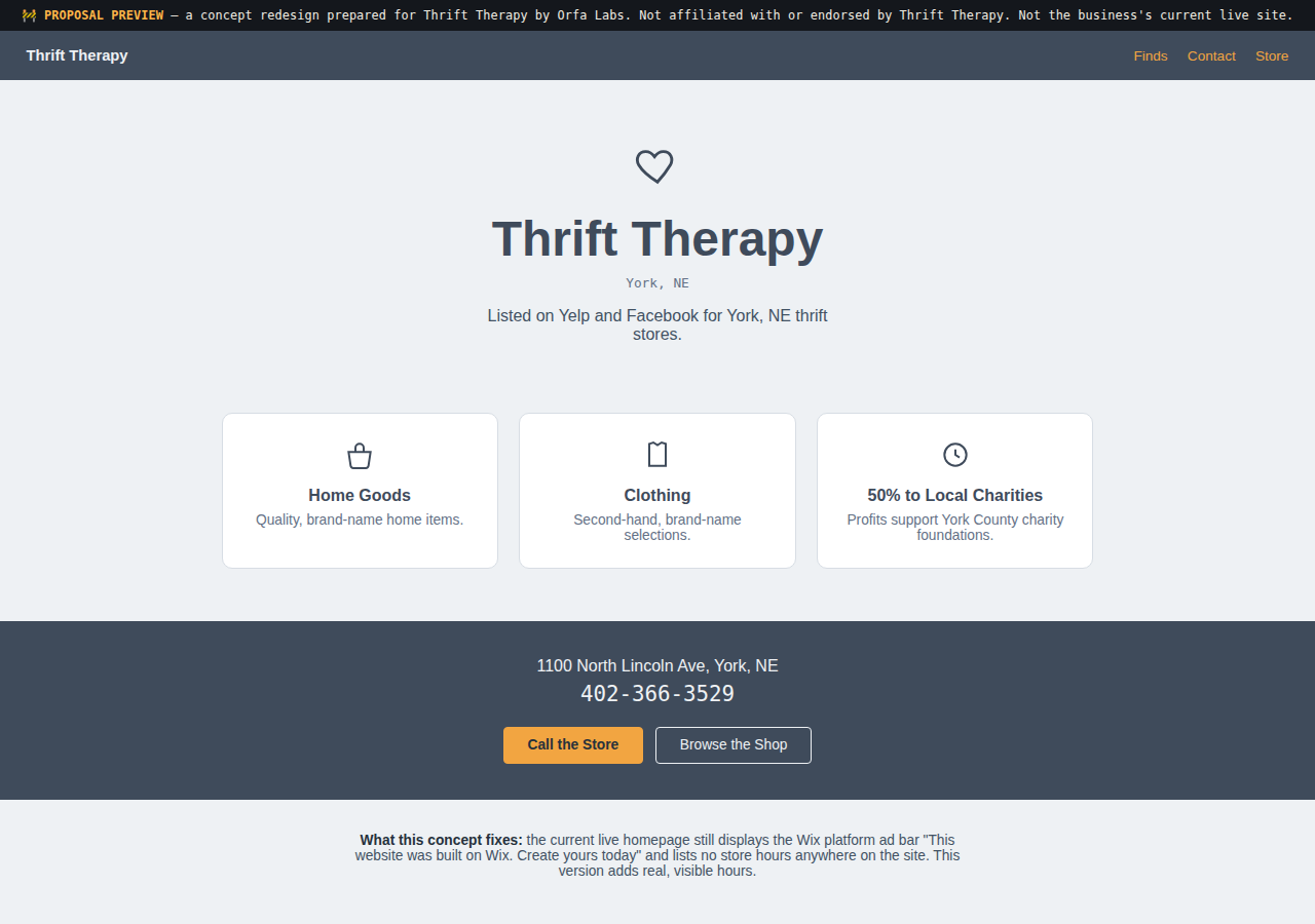 Thrift Therapy Orfa Labs concept redesign screenshot