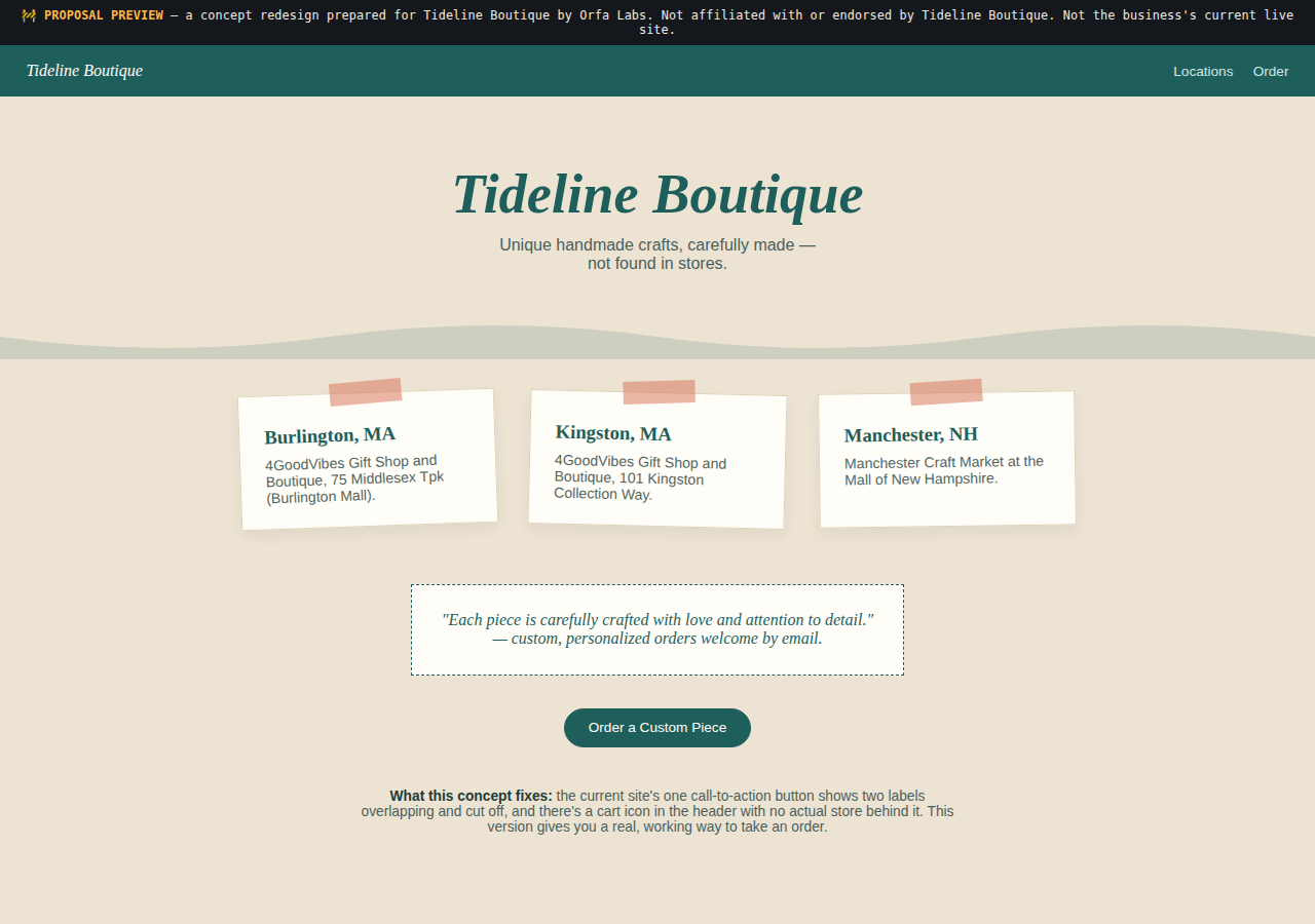 Tideline Boutique Orfa Labs concept redesign screenshot