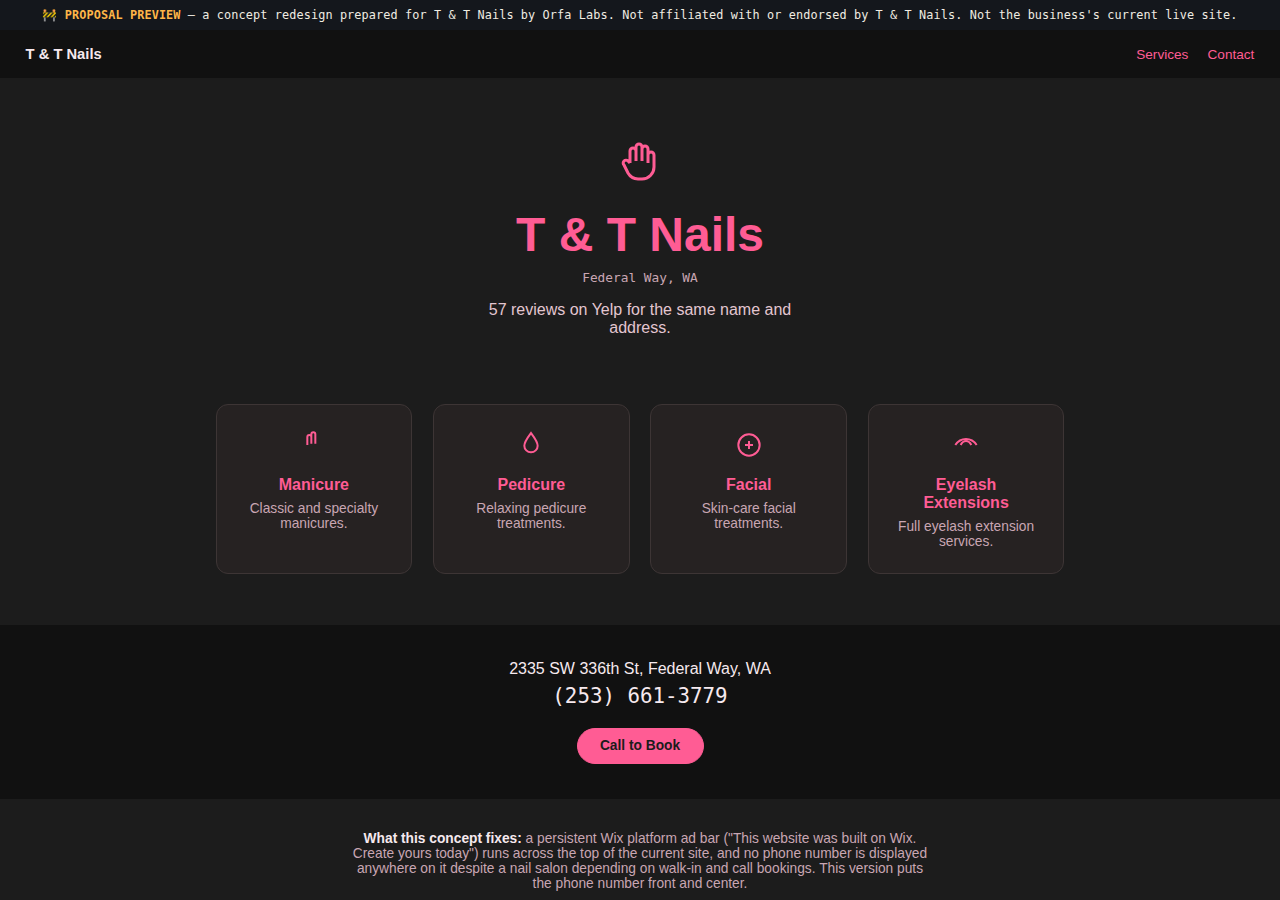 T & T Nails Orfa Labs concept redesign screenshot