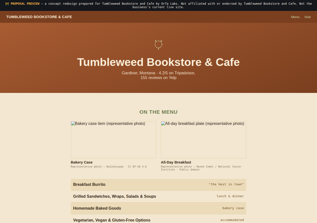 Tumbleweed Bookstore and Cafe Orfa Labs concept redesign screenshot