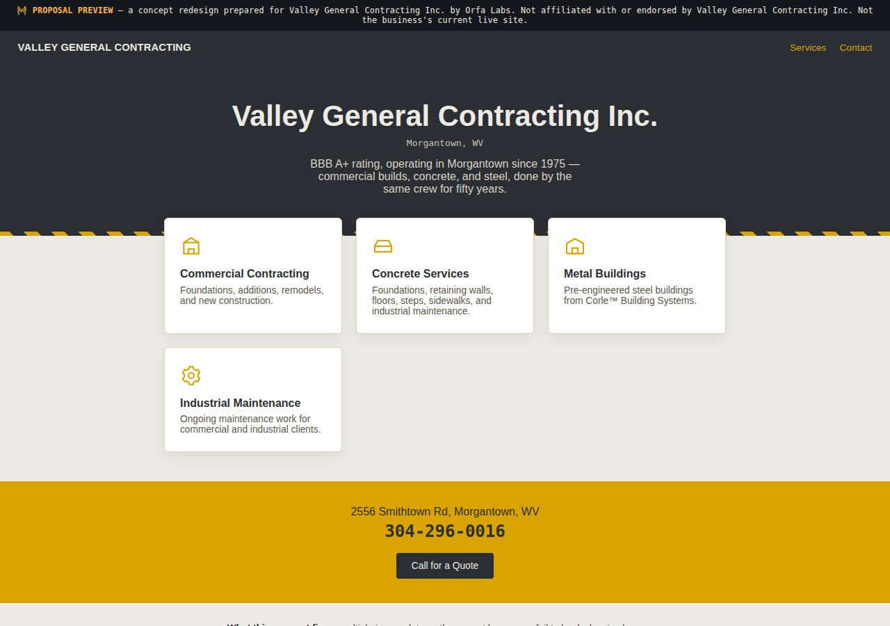 Valley General Contracting Inc. Orfa Labs concept redesign screenshot